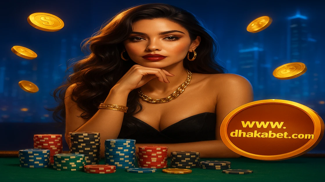 Dhaka game এ লাইভ গেমিং-এ একটি সুন্দর ডিলার কার্ড-গেম টেবিলে আপনাকে ১০০% স্বাগতম বোনাসসহ খেলার আমন্ত্রণ জানাচ্ছেন, তাঁর চারপাশে চিপস ও উড়ন্ত সোনার কয়েন ছড়িয়ে রয়েছে।